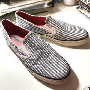 Sperry Top Sider Mariner Womens Canvas Slip On Navy Seersucker Shoes Size 9M
